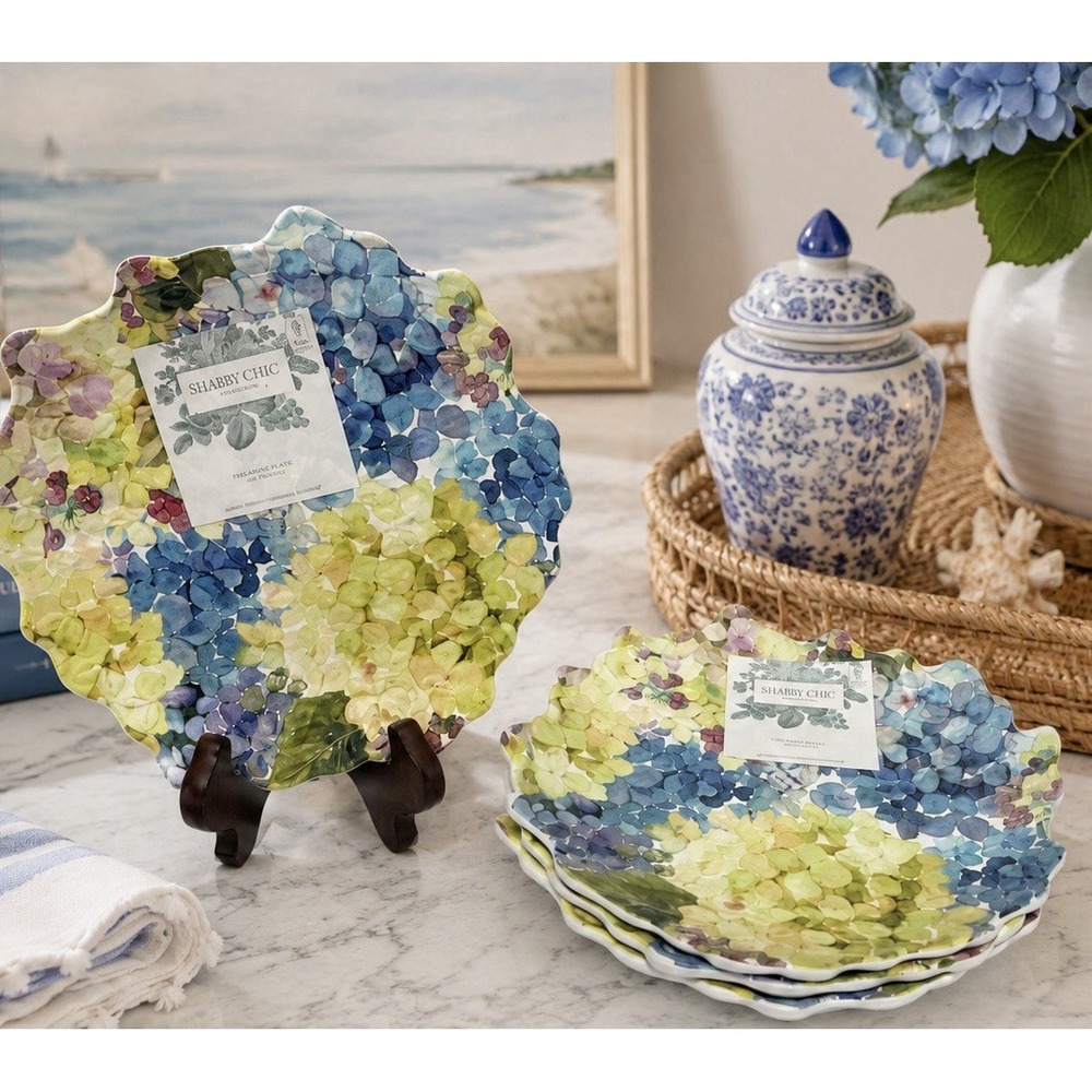 Set of 4 Shabby Chic Hydrangea Melamine 8" Salad / Appetizer Plates NEW